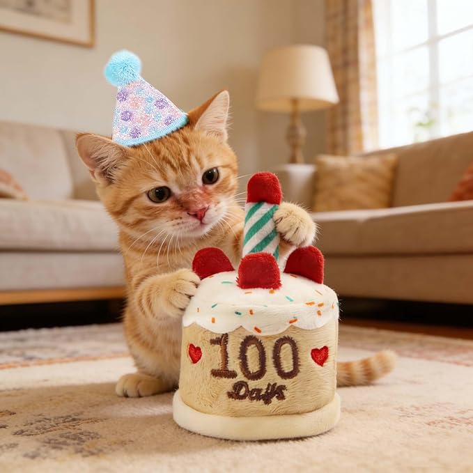 Cat Birthday Toy Kitten Cake with Birthday Hat Puppy Dog Plush Gift for Small Medium Pet (100 Day)