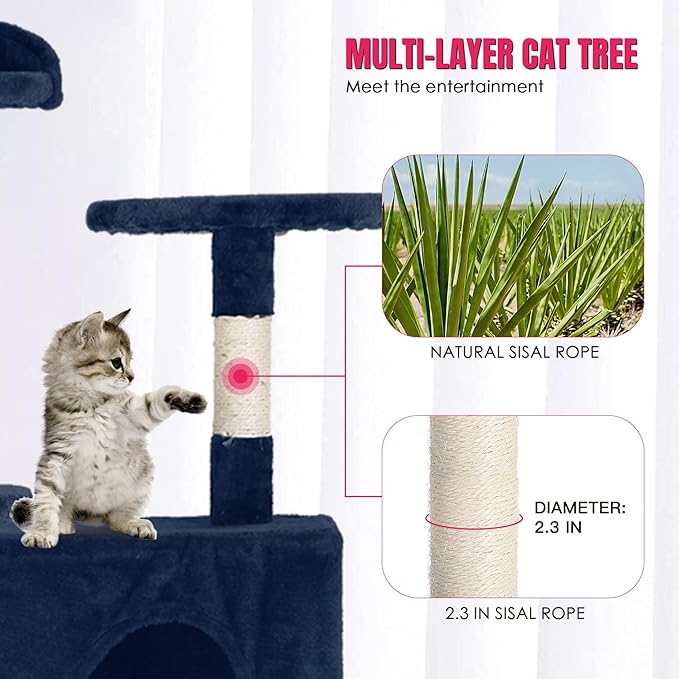 24/7 Shop at Home Court 70 inch Multi-Level Cute Cat Tree Tower with Dangling Ball and Scratching Posts for Indoor Cats Adults, Kitten Supplies, Pet House, Navy Blue