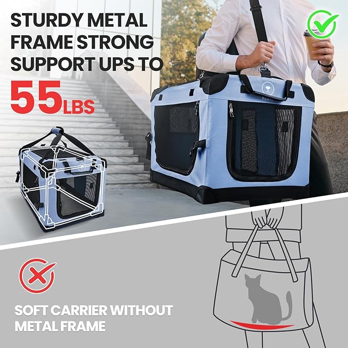 PEGIC Large Cat Carrier for Car Travel, Soft Sided Collapsible Pet Carrier for Outdoor and Indoor Uses, Roomy Extra Large Carrier for 2 Kittens, Large Cat or Puppies up to 50lbs (Blue)