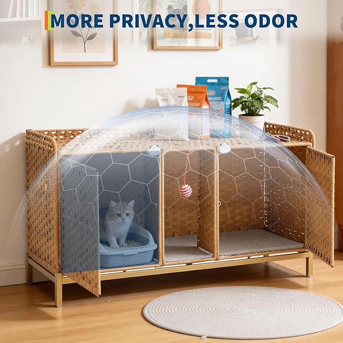 GarveeLife Cat Litter Box Enclosure Furniture, Handwoven Rattan Cat House, Hidden Cat Washroom Furniture with Door/Mat, Large Space Cat House with s-Shaped Hooks, Living Room, Bedroom