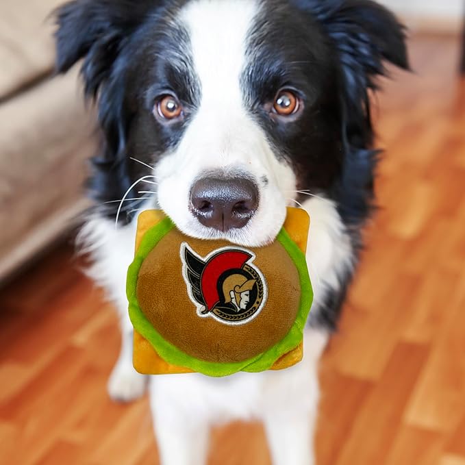 Pets First NHL Ottawa Senators Crinkle Fine Plush Dog & Cat Squeak Toy - Cutest STADIUM HAMBURGER Plush Toy for Dogs & Cats with INNER SQUEAKER & Beautiful Hockey Team Name/Logo