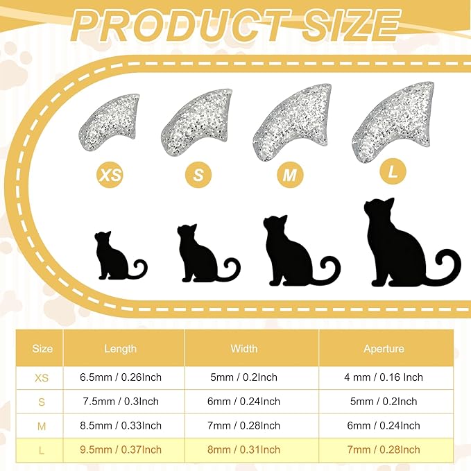 Cat Nail Caps, Cat Claw Covers with Adhesive Glue and Applicators, Kitten Claw Caps Soft Paws, (40 Pcs, L, Crystal Silver), Intended for Pet Tips/Nail Covers/Control Paws
