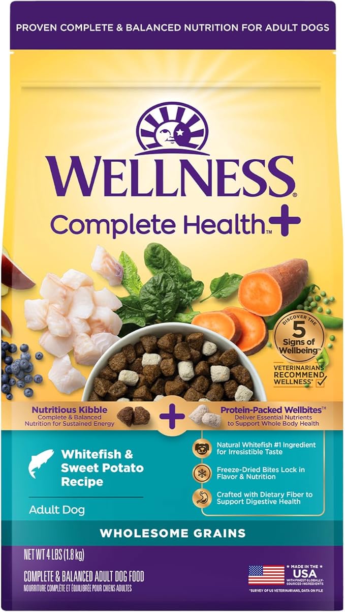 Wellness Complete Health+ Adult Dry Dog Food with Freeze Dried Wellbites, Wholesome Grain Kibble+, Natural, Chicken Free, Whitefish and Sweet Potato Recipe, 4 lb Bag