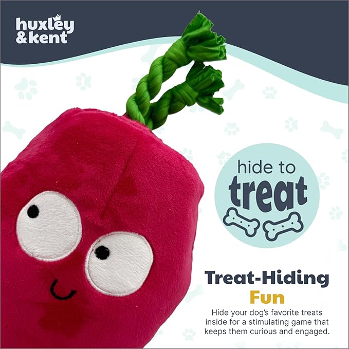 Huxley & Kent Interactive Funny Dog Toy w/Squeaker - Power Plush Treat Hiding Toy - Cute and Funny Soft Puzzle for Small & Large Dogs - Pop 'n Fetch Beet, Small