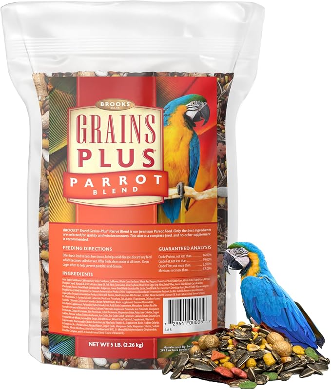 Brooks Brand Grains Plus Parrot Blend, Bird Food Parrot Seed Mix, African Grey Food, Eclectus, Indian Ringneck, Quaker (5 lbs)