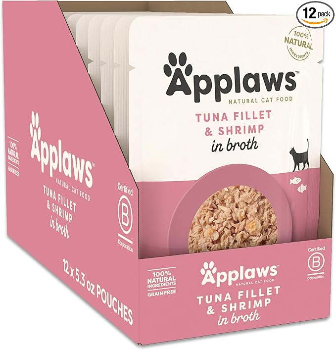Applaws Natural Wet Cat Food in Broth, Limited and Natural Ingredients, High Protein with No Artificial Additives, Tuna Fillet & Shrimp in Broth (12 x 5.3oz Pouches)