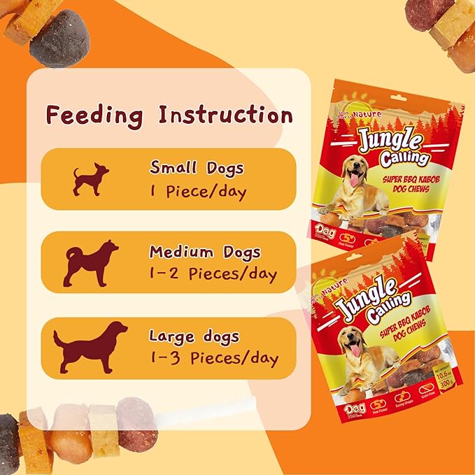 Jungle Calling Dog Treats, Multi-Flavor Kabob Dog Snacks, Edible Dog Kabobs, Made with Chicken, Duck, Beef, Sweet Potato and Pumpkin, Rawhide Sticks for Dogs