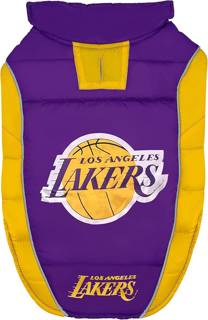 NBA Los Angeles Lakers Puffer Vest for Dogs & Cats, Size Medium. Warm, Cozy, and Waterproof Dog Coat, for Small and Large Dogs/Cats. Best NBA Licensed PET Warming Sports Jacket