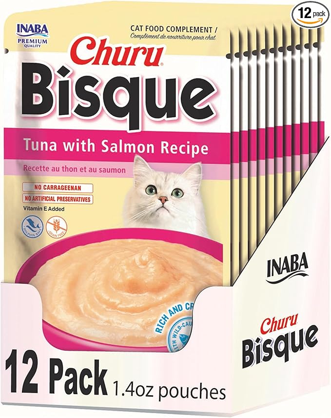 INABA Churu Bisque for Cats, Creamy Lickable Purée Side Dish with Vitamin E, 1.4 Ounces per Pouch, 12 Pouches, Tuna with Salmon Recipe