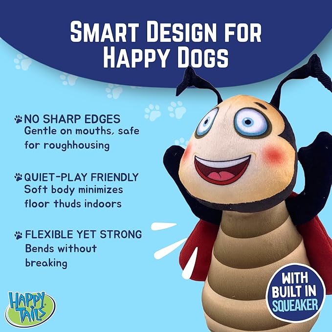 Happy Tails Interactive 9-Inch Ladybug Squeaky Dog Toy for Medium to Large Dogs, Durable Polyester with Reinforced Stitching, Red and Black
