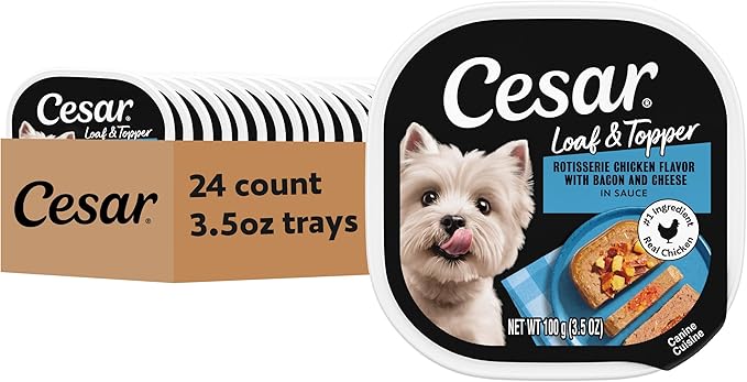 Cesar Loaf & Topper in Sauce Wet Dog Food Rotisserie Chicken Flavor with Bacon & Cheese, 3.5 oz. Easy Peel Trays, 24 Count (Pack of 1)