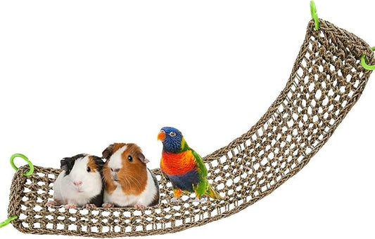 Birds Natural Seagrass Mat Hanging Woven Net Hammock Mat with Hooks Bird Cage Accessories Climbing Rope Ladder Chew Toys for Cockatiel Hamster Guinea Pig Rats Hamster Parakeet (39''x 7'')