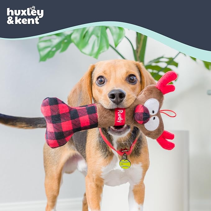 Huxley & Kent Funny Dog Toy w/Squeaker – Holiday Power Plush Squeaky Dog Toys for Small, Medium & Large Dogs – Soft Stuffed Animal for Indoor Play & Fetch - Reindeer Bone, One Size
