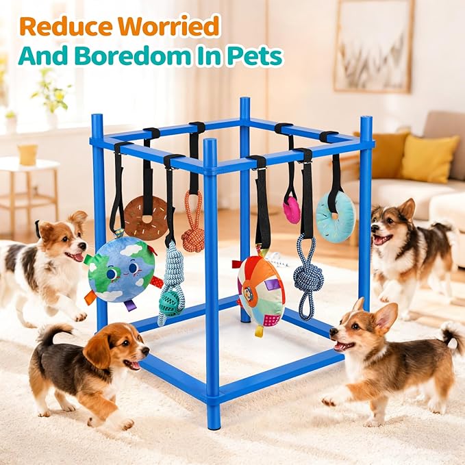 Wooden Puppy Play Gym for Small Dogs, Puppy Jungle Gym with 8 Hanging Toys, Wood Frame Indoor Puppy Gym with Dog Enrichment Toys for Puppies and Small Pets (Blue)