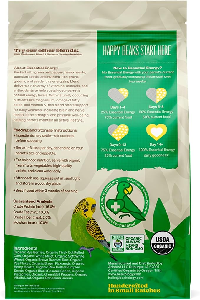 Essential Energy Organic Parrot Food, USDA Certified, Non-GMO, for Small and Medium Parrots, 2 lbs