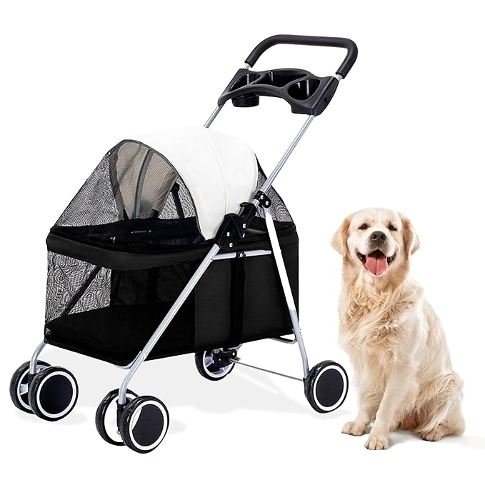 Critter Sitters Pet Stroller, Single Carriage Carrier for Animals up to 33 Pounds, 4-Wheel, Travel, Hiking & Transportation for Cats, Small Dogs, Rabbits, Black