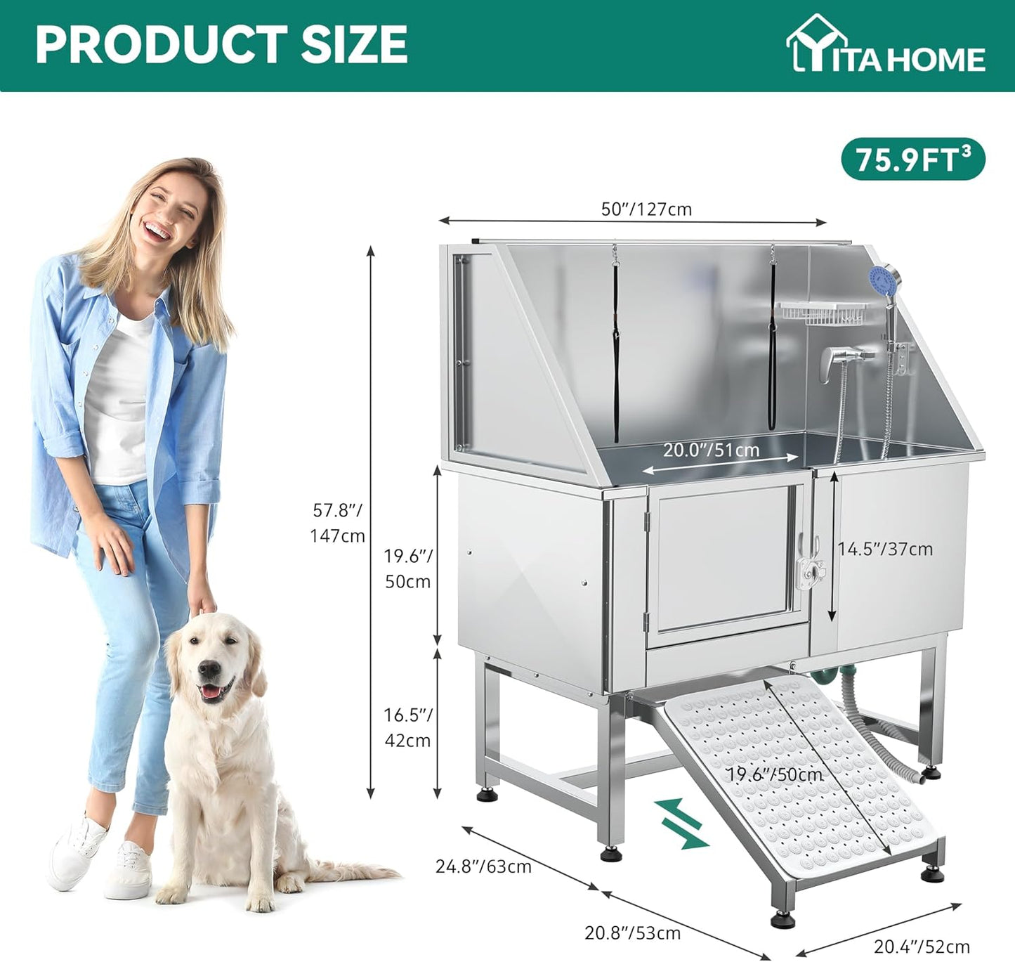 YITAHOME 50in Dog Grooming Tub Bathtub for Home 304 Stainless Steel Professional Dog Bath Washing Station w/Left Ramp, Faucet, Floor Grate for Large, Medium, Small Pets