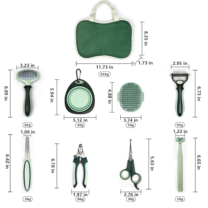 Grooming Brush Kit - 8 Pcs for Shedding & Matted Fur, Self-Cleaning with Flea Comb, Includes Indoor Microbrush, Cat Toothbrush Collapsible Dog Bowls for Travel