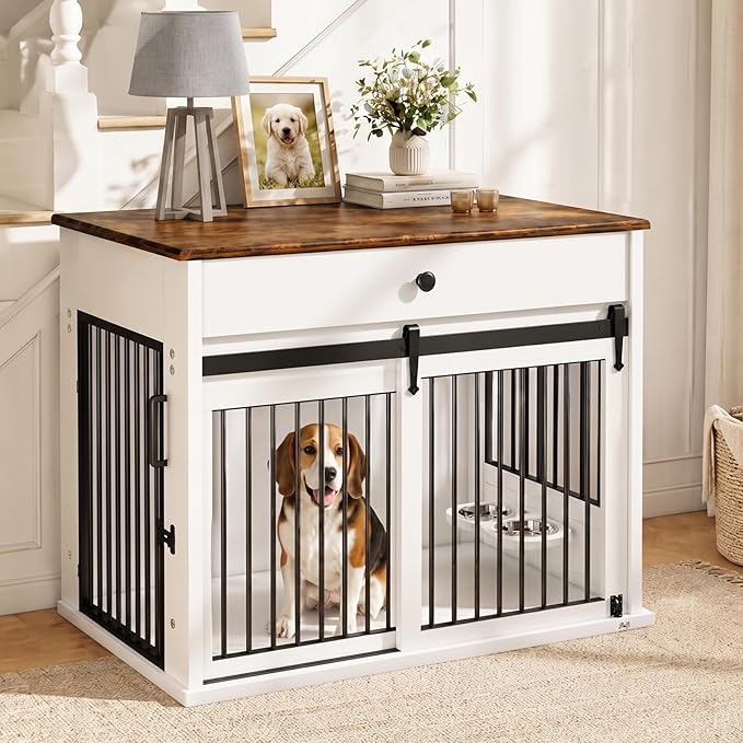 Large Dog Crate Furniture with Sliding Door & 360° Spinning Bowls | Durable Modern End Table for Medium & Large Dogs for Pet Owners (40-inch)