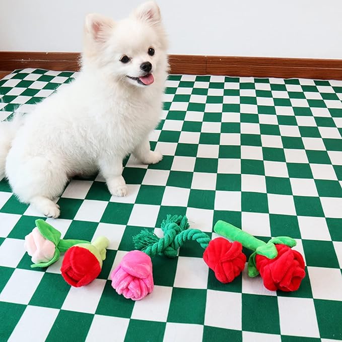 Interactive Stuffed Dog Chew Toy for Small and Medium Dogs Plush Squeak Toy Rose Flower Reducing Boredom & Anxiety