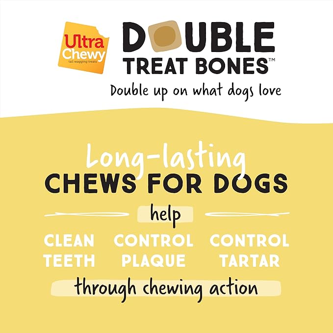 Ultra Chewy Yogurt Double Treat Bones: Strawberry, Blueberry and Banana, Long-Lasting Dog Treats Made in USA for Large and Small Breeds, Highly Digestible (2 Packs)