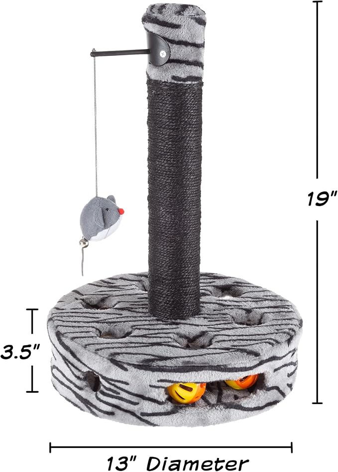 Cat Scratching Post - Interactive Play Area with Sisal Rope Scratcher and Hanging Toy for Indoor Cats - Scratch Tree for Pets by PETMAKER (Black/Gray)