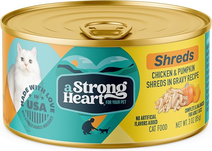 A Strong Heart Wet Cat Food, Chicken & Pumpkin Shreds in Gravy, Made with Whole Muscle Chicken, Made in the USA, 3oz Can (Pack of 24)