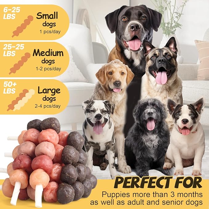 Dog Treats Chews, Multi-Flavor Dog Kabob Snacks, Made with Chicken, Duck, Salmon, Rabbit and Beef, Rawhide Sticks for Dogs