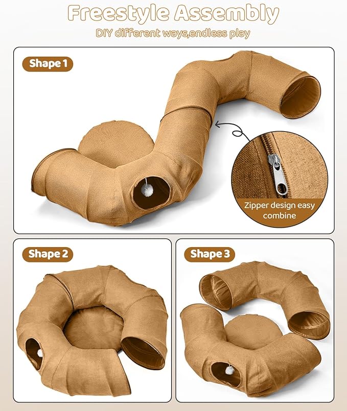 Linen Cat Tunnels with Central Cat Bed, Interactive Cat Toys Detachable Washable Soft Mat Large Indoor Play Tunnel Cave for Kittens and Small Animals