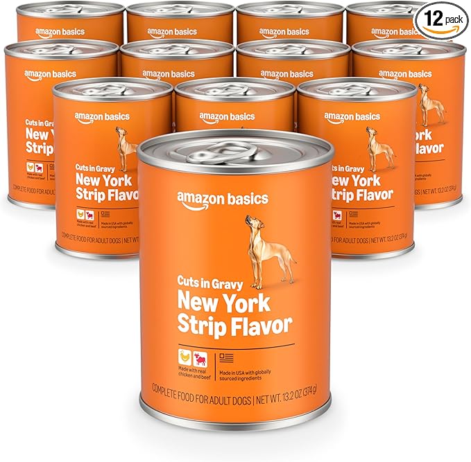 Amazon Basics Wet Dog Food, Cuts in Gravy, New York Strip Flavor, Made with Real Chicken & Beef, 13.2 oz can (Pack of 12)