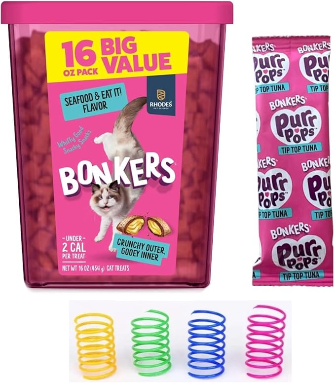 Bonkers Cat Treats, Seafood & Eat It Flavor, Crunchy & Gooey, 16 oz Value Pack with Free Seafood Purrpop Sample, Plus 4 Cat Spring Toys