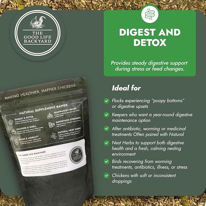 Good Life Backyard Digest & Detox for Chickens – Natural Digestive Support Gut Health Blend (1 lb Pouch) | Hatching Time
