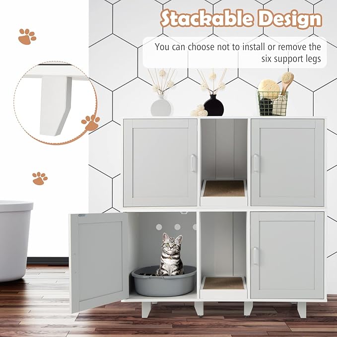 PETSITE Litter Box Enclosure for 2 Litter Boxes, Hidden Cat Washroom TV Stand End Table with 2 Cabinet, Scratching Board, Indoor Cat Litter Furniture Grey