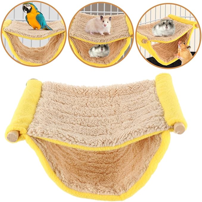 Sosoport Small Animal Hammock Dual Layer Hanging Plush Sleeping Nest for Hamster Bird Cage Rat Ferret Bed Yellow Comfortable Pet Cage Accessory