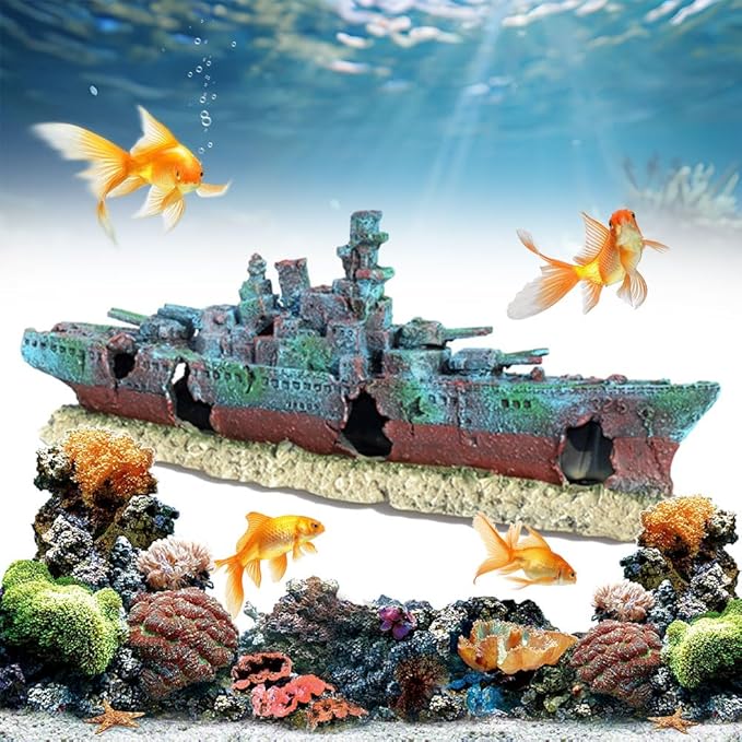 Aquarium Creative Warship Wreckage Ornament - Sunken Pirate Ship Decor for Fish Tank, Artificial Coral Reef Hideout Cave with Aquatic Plants, Unique Underwater Landscape Centerpiece for Aquatic Pets