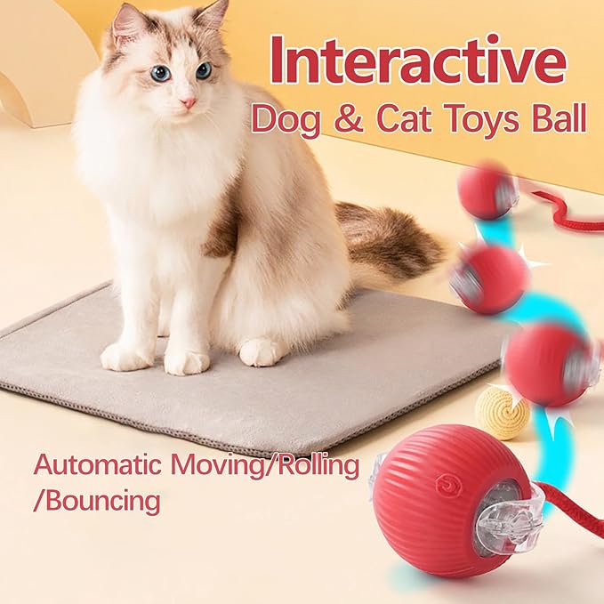Interactive Rolling Cat Dog Ball - 2025 Upgraded Automatic Moving Cat Toys Ball Dog Toy Interactive,Smart Rolling Ball Toy Electric Balls Toys for Bored Indoor Dog/Cat (Red)