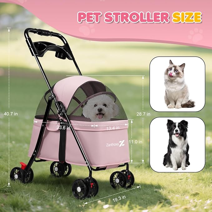 Dog Stroller, 4 Wheels Pet Stroller for Small Dogs & Cats, One-Click Foldable Cat Strollers Up to 33 Ibs with Sun Shades, Cup Holder and Breathable Mesh, Easy Assembly