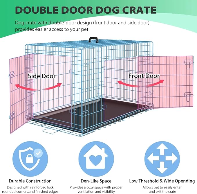 Large Dog Crate Metal Wire Double-Door Folding Pet Cage with Plastic Tray & Handle - Portable Dog Crate for Travel, Dog Travel Crate, Dog Cage for Small Dogs (Blue, 24")