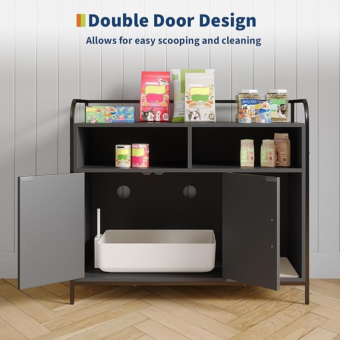Garvee Cat Litter Box Enclosure Furniture Wooden Hidden Indoor Cat Washroom House Cabinet with 2 Open Compartments Scratching Mat Double Door Storage Cabinet Front Entry Air Vents Metal Frame