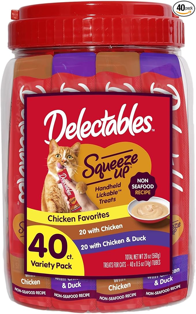 Delectables Squeeze Up Non-Seafood Chicken Variety Pack, Creamy Squeezable Puree, Lickable Wet Cat Treats, Grain-Free, No Added Fillers, 0.5 Ounces Tube, 40 Tubes Total