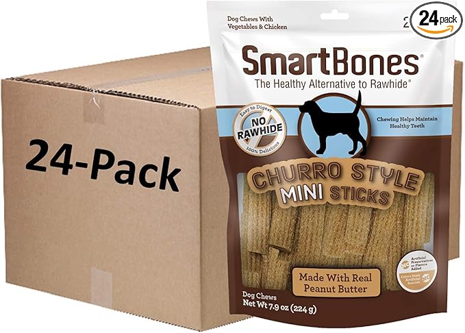 SmartBones Churro-Style Mini Sticks 28 Count, Made with Real Peanut Butter, Rawhide-Free Chews for Dogs