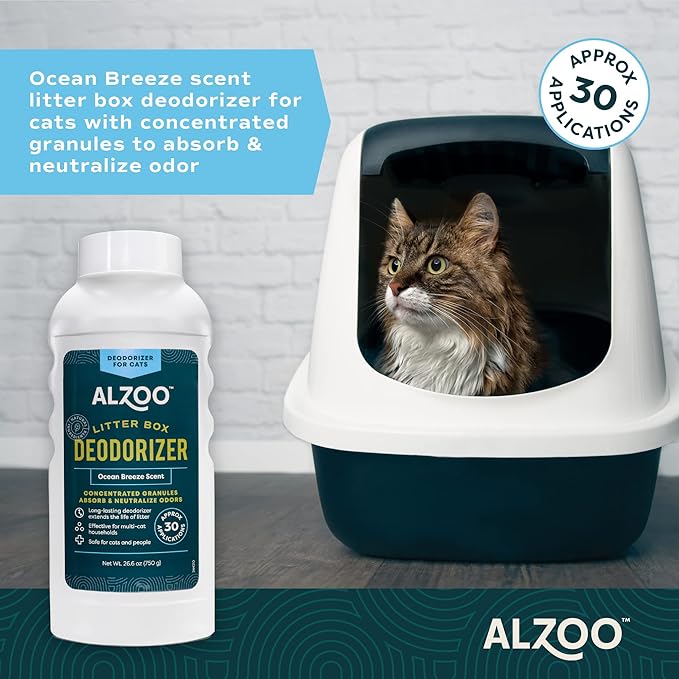 ALZOO Cat Litter Deodorizer, Concentrated Granules Absorb & Help Neutralize Odors, Mineral-Based Active Ingredients, Up To 30 Uses, Ocean Breeze Scent, 26.6 Oz.