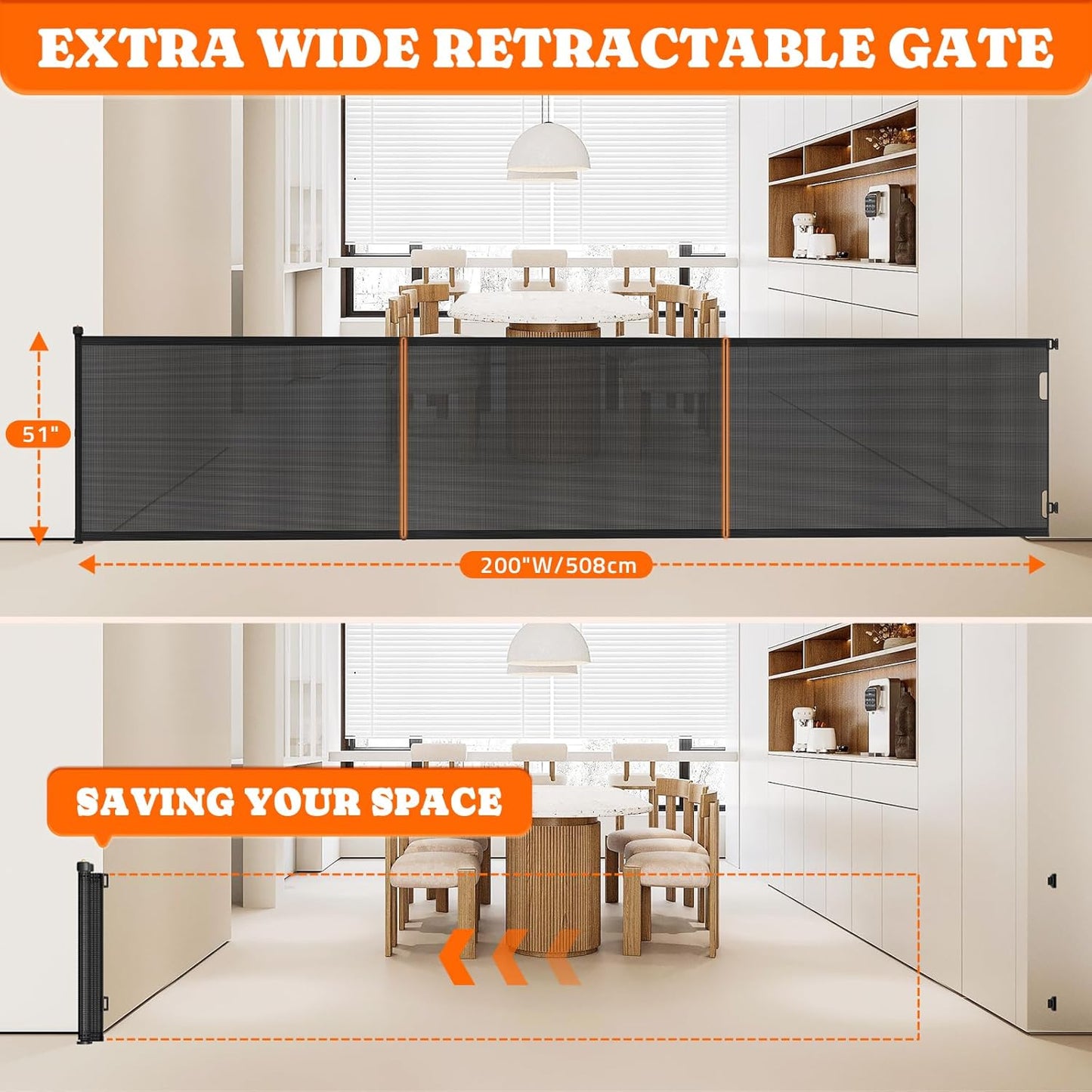 Extra Tall Retractable Baby Gates: 51" Tall Pet Gate, Extend up to 200" Wide, Mesh Baby Gate with Support Rods Jump-Proof Design for Cats & Large Dogs High Dog Cat Door Indoor Outdoor, Black