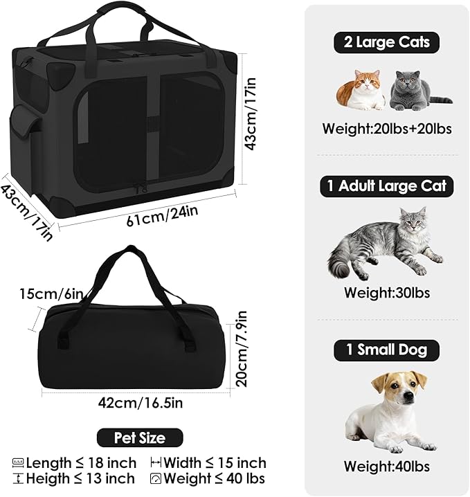 Extra Large Cat Carrier for 2 Cats, XL with Removable Divider, Foldable Soft-Sided Pet Carrier with Storage Tote, Portable Travel Crate for Large Cats, for Car & Home Use, 24" x 17" x 17"