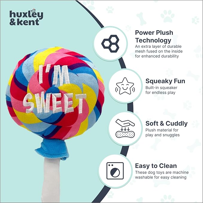 Huxley & Kent Funny Dog Toy w/Squeaker – Power Plush Squeaky Dog Toys for Small, Medium & Large Dogs – Soft Stuffed Animal for Indoor Play & Fetch - I'm Sweet Lollipop, Small