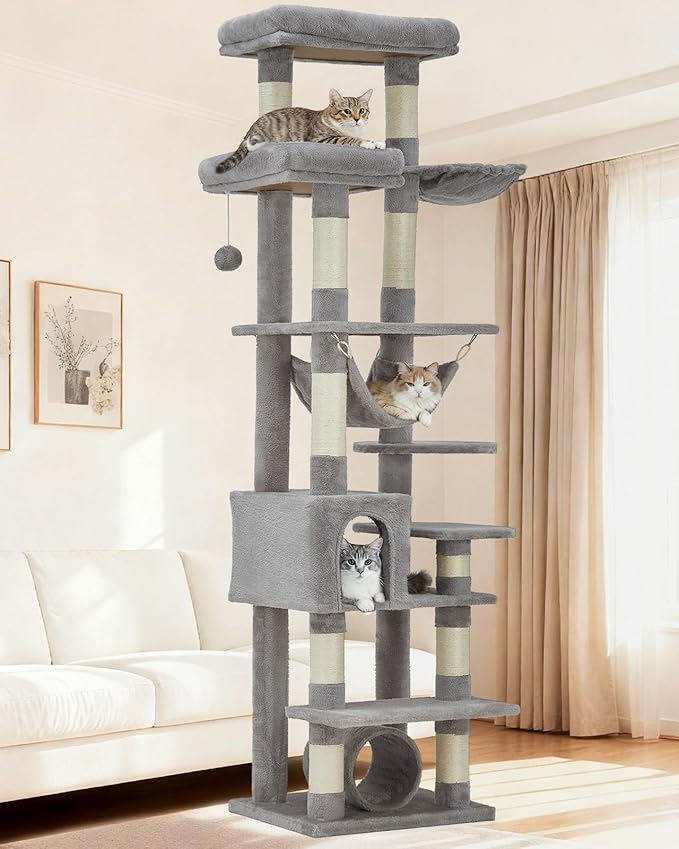 GarveeLife Cat Tree for Large Cat 74",Tall Cat Tower for Indoor Cats with 11 Scratching Posts, Hammock, Large Top Perch,Toy Balls, Sturdy Heavy Duty House for Adult Big Cats