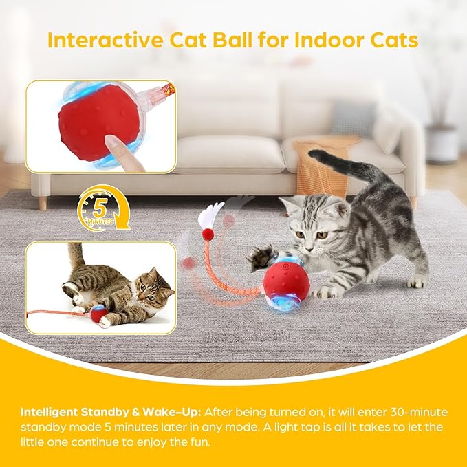 Interactive Cat Toys Ball, Automatic Moving Cats Toy with Elastic Mesh Bell Tail, Rechargeable Cat Ball for Bored Indoor Adult Cats, Energetic-cat (Red)