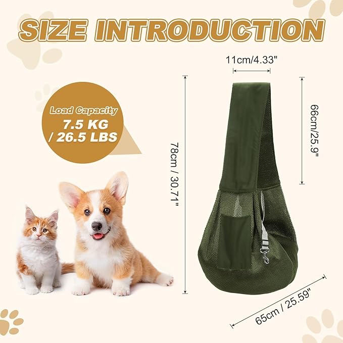 Dog Sling Carrier for Small Dogs and Cats Up to 16.5 Lbs, Breathable Thick Shoulder Strap Pet Crossbody Shoulder Bag, (Green, 1 Pcs) Intended for Outdoor/Camp/Travel