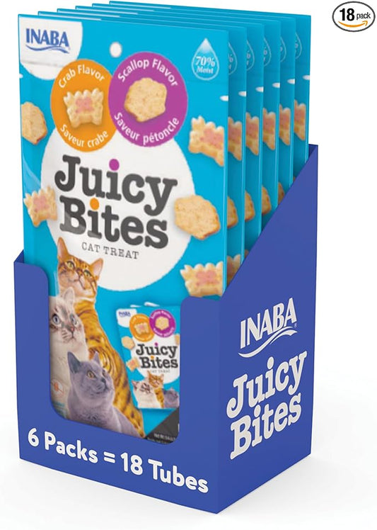 INABA Juicy Bites, Moist & Chewy Cat Treats with Vitamin E and Green Tea Extract, 0.4 Ounces per Pouch, 18 Pouches (3 per Bag), Scallop and Crab