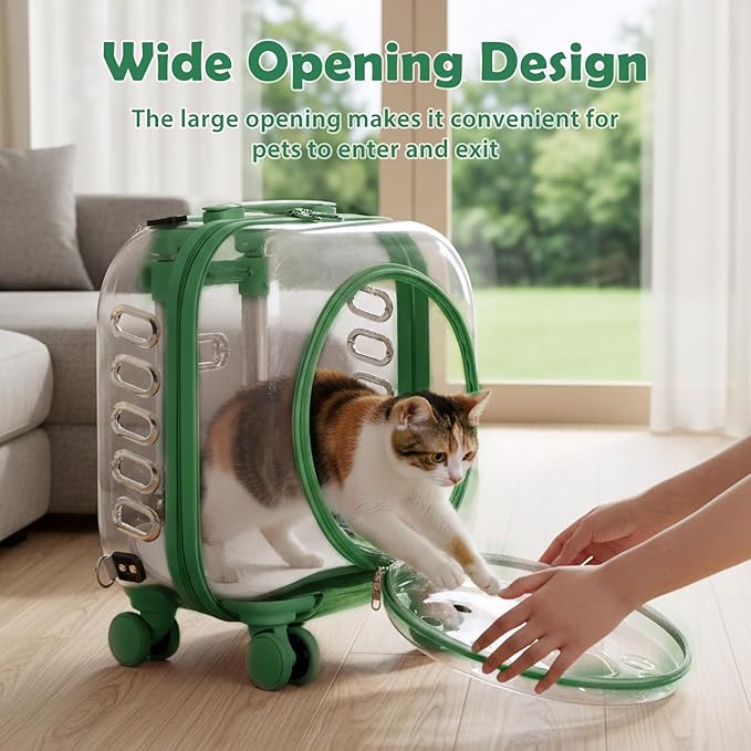 Cat Carrier Backpack with Silent Wheels, Clear Cat Stroller with Ventilation Holes, Telescopic Handle, Convenient Portable Cats Dogs Backpack for Travel (Green-B)